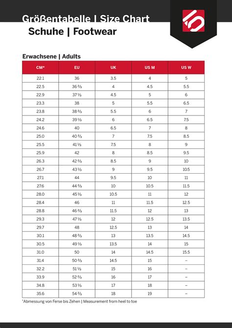 five ten shoe size chart